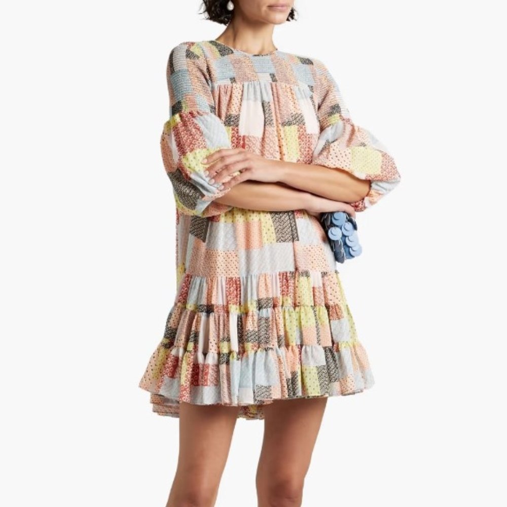 Cinq a Sept Sz 8 Rika Mini Dress Patchwork Billowed Sleeve Smocked Ruffled Mini